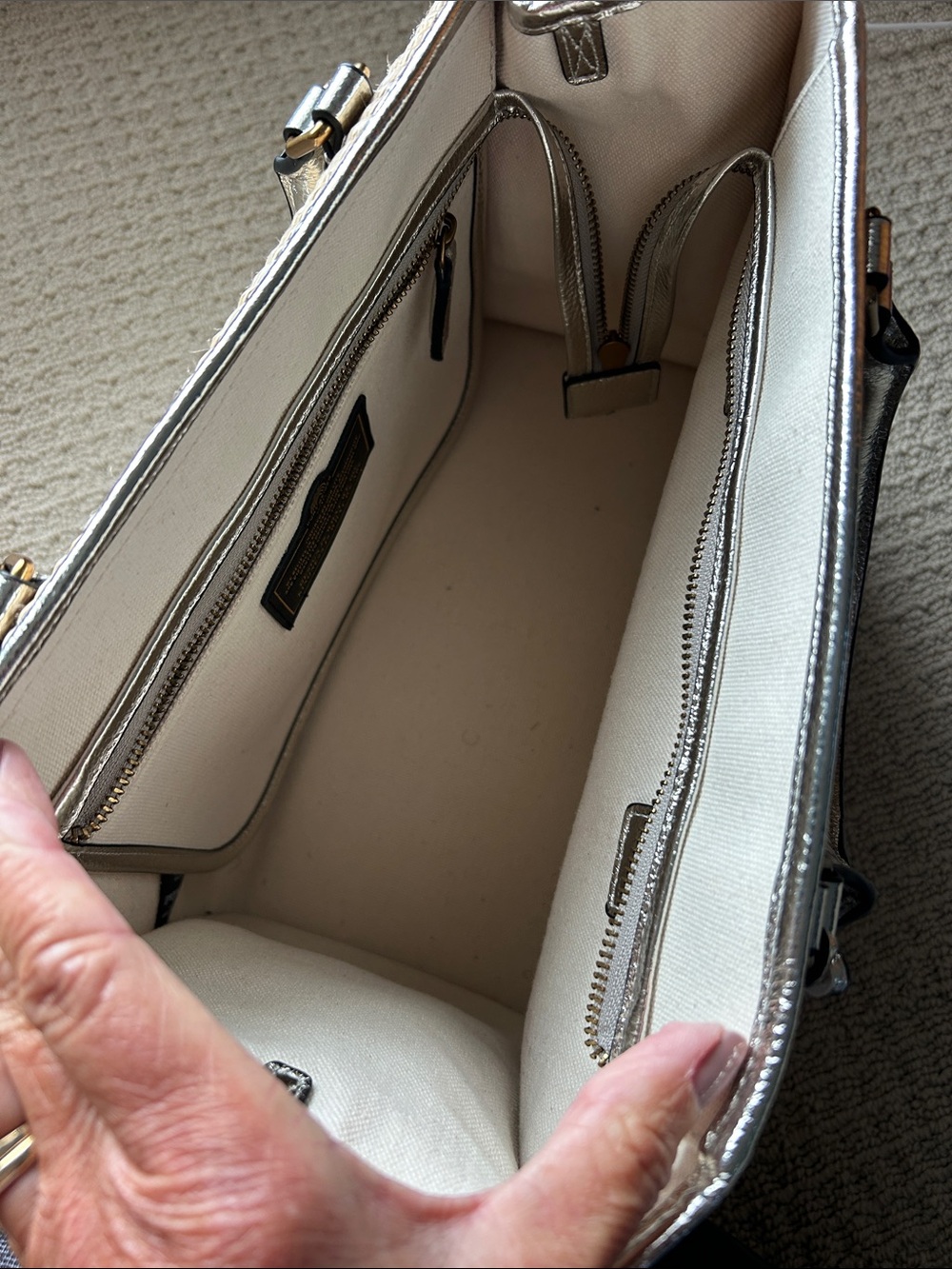 Kurt Geiger Tan Woven Satchel with Silver Metallic Trim and Branded Strap - Picture 4 of 8